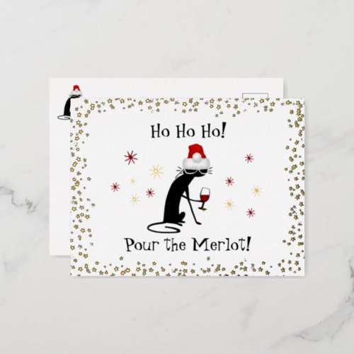 Ho Ho Ho Merlot Funny Cat Christmas Wine Quote Foil Holiday Postcard