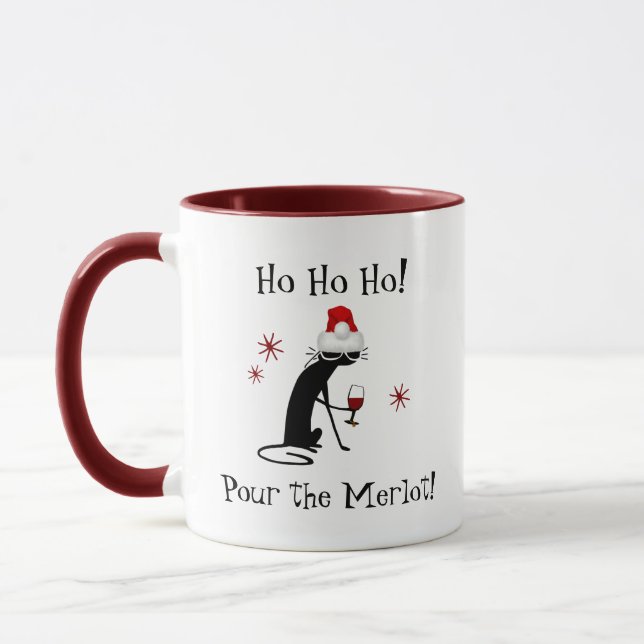 Ho Ho Ho Merlot Funny Cat Christmas Wine Quote Mug (Left)