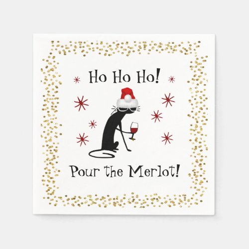 Ho Ho Ho Merlot Funny Cat Christmas Wine Quote Napkins