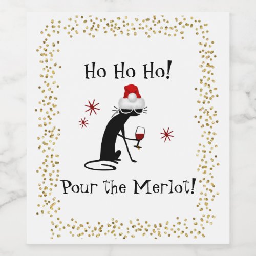 Ho Ho Ho Merlot Funny Cat Christmas Wine Quote Wine Label