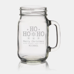Ho Ho Ho Merry Christmas Festive Personalized Name Mason Jar W/ Handle