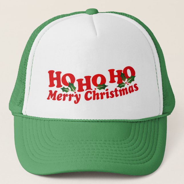 "Ho Ho Ho Merry Christmas" green & white hat (Front)