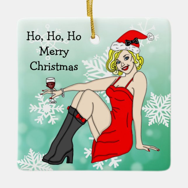 Ho Ho Ho Merry Christmas Pretty Pinup Girl Ceramic Ornament (Front)