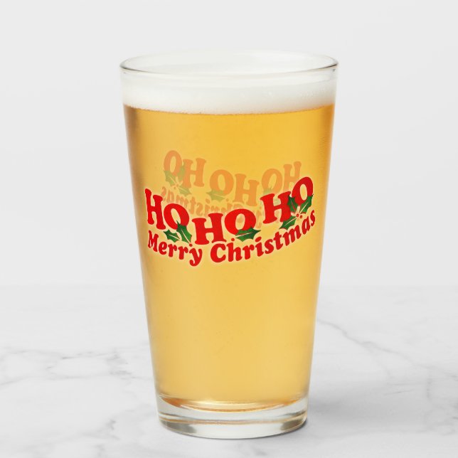 Ho Ho Ho Merry Christmas red green with holly Glass (Front Filled)