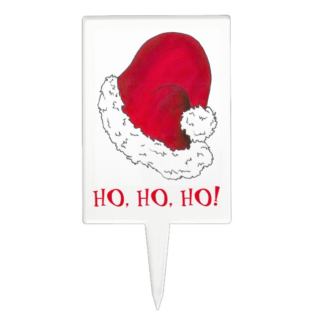 HO HO HO Merry Christmas Red Santa Claus Hat Xmas Cake Topper (Front)