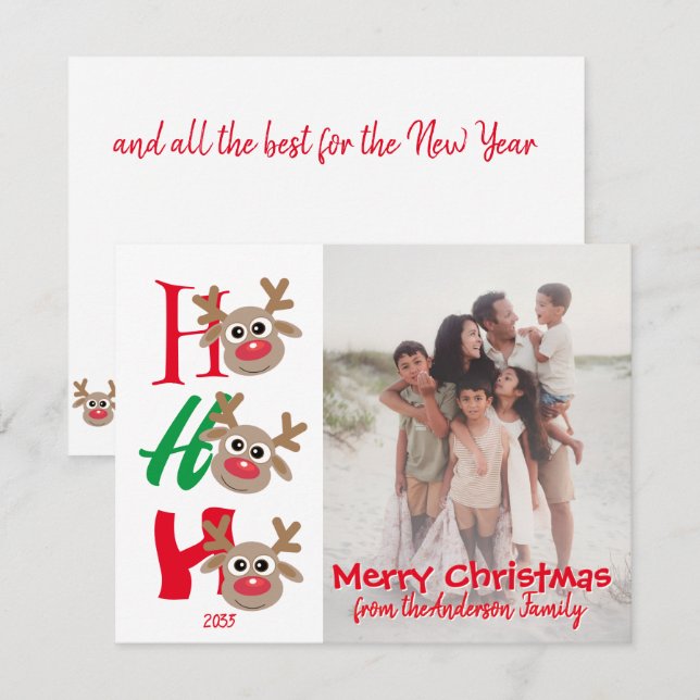 Ho Ho Ho Merry Christmas Reindeer Family Photo Holiday Card (Front/Back)