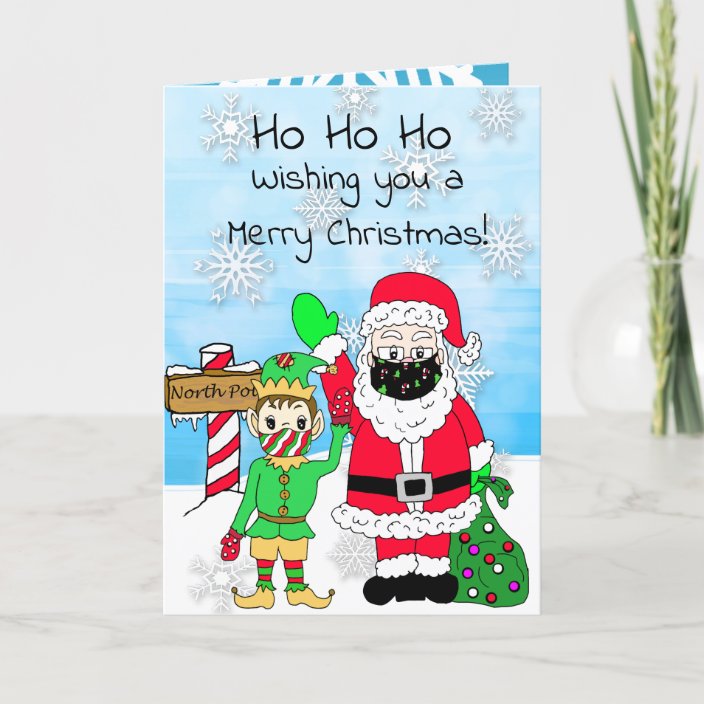 Ho Ho Ho Merry Christmas Santa and Elf in Facemask Card | Zazzle.com