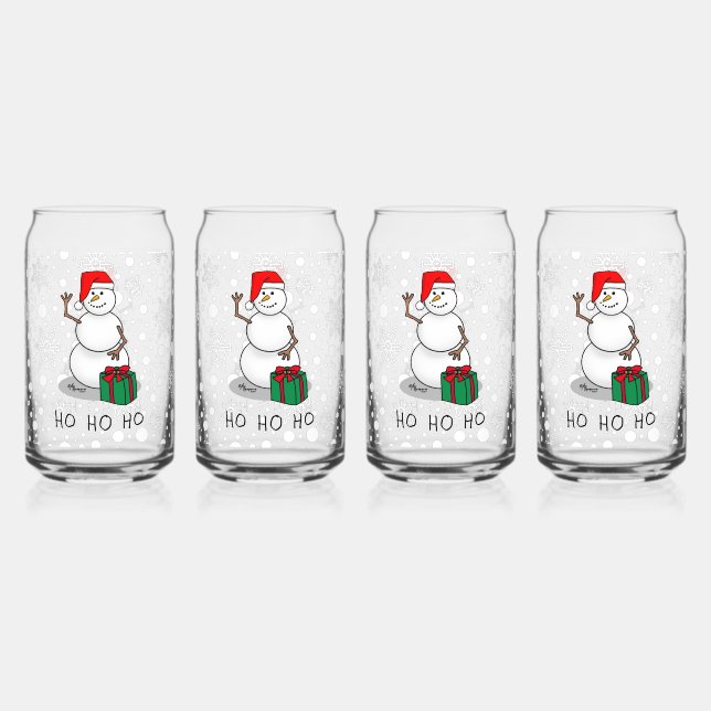 Ho Ho Ho Merry Christmas Santa Cute Snowman Can Glass (Front)