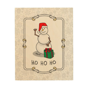 Ho Ho Ho Merry Christmas Santa Cute Snowman Wood Wall Art
