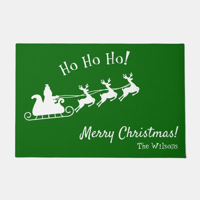 Ho Ho Ho Merry Christmas with Santa, Green Doormat (Front)