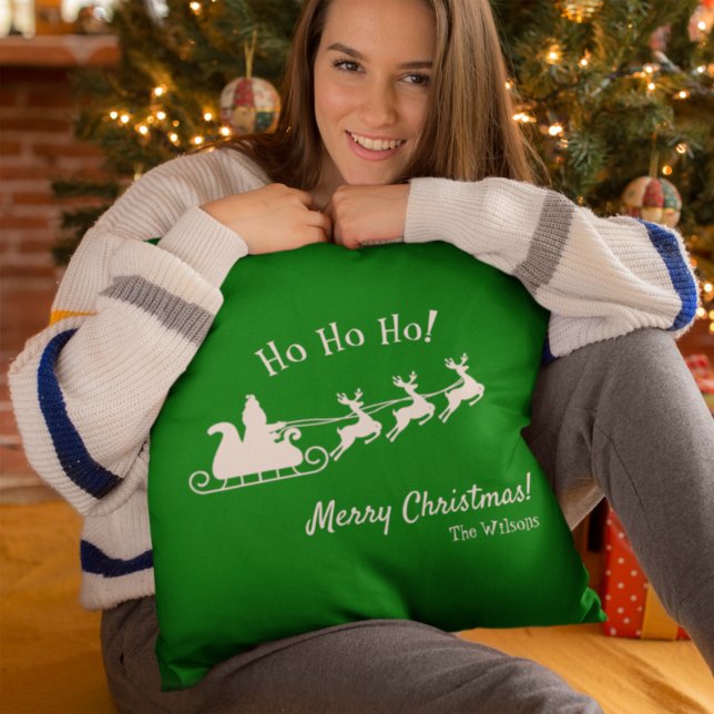 Ho Ho Ho Merry Christmas with Santa, Green Throw Pillow (Creator Uploaded)