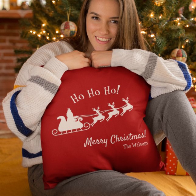 Ho Ho Ho Merry Christmas with Santa, Red Throw Pillow (Creator Uploaded)
