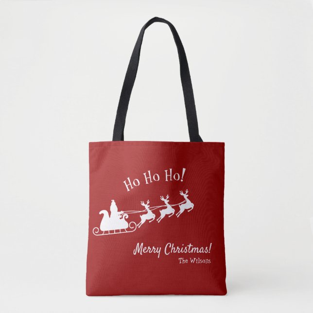 Ho Ho Ho Merry Christmas with Santa, Red Tote Bag (Front)