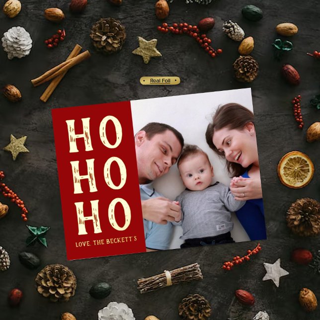 HO HO HO | Modern Typography Christmas Photo Real Foil Holiday Card (Creator Uploaded)