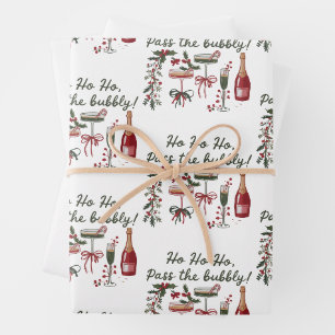 Ho Ho Ho Pass the Bubbly Drinking Xmas Champagne  Wrapping Paper Sheets