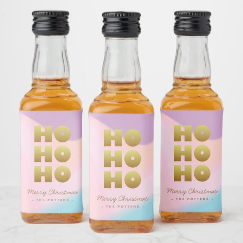 Ho Ho Ho  Pastel Pink Gradient  Gold Christmas Liquor Bottle Label