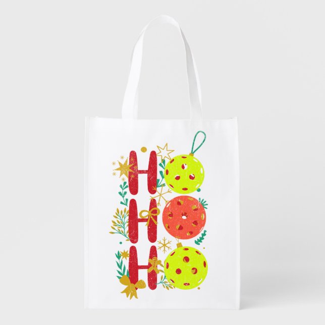 Ho Ho Ho Pickleball Retro Christmas Grocery Bag (Front)