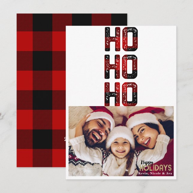 HO HO HO Red Buffalo Plaid Holiday Photo Card (Front/Back)