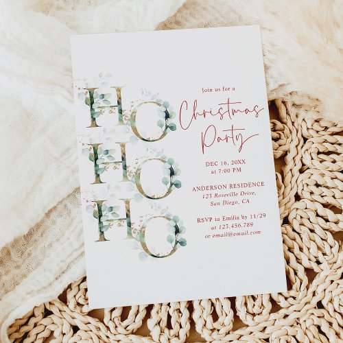 Ho Ho Ho Red Gold Greenery Christmas Party Invitation