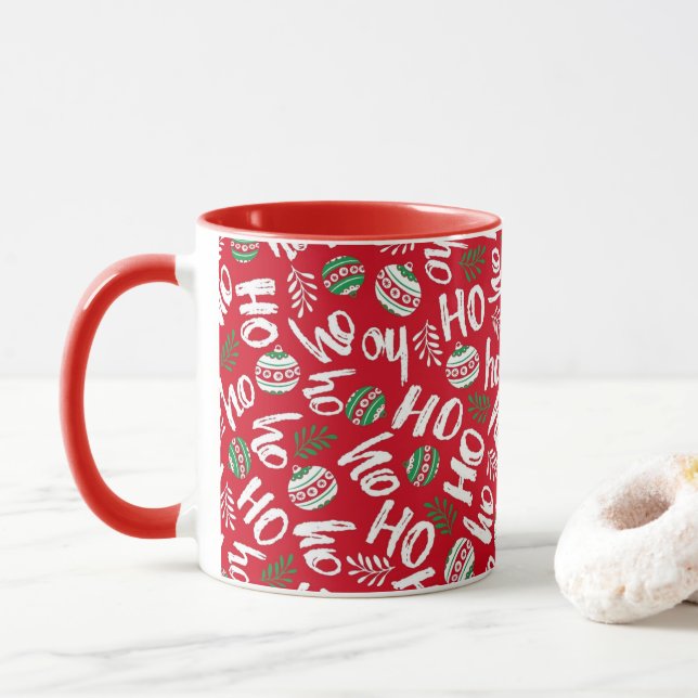 Ho Ho Ho Red & Green Christmas Balls Bright Red Mug (With Donut)