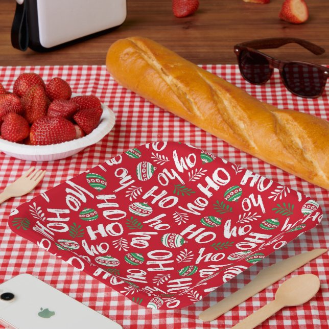 Ho Ho Ho Red & Green Christmas Balls Red  Paper Plates (Picnic)
