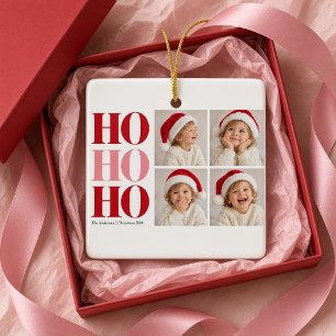 Ho Ho Ho Red Pink Four Photo Christmas Ornament