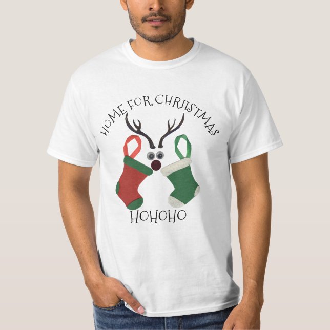 Ho Ho Ho Reindeer Stockings: Fun Christmas T-Shirt (Front)