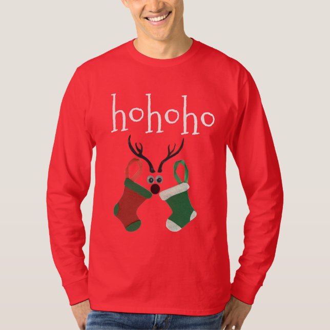 Ho Ho Ho Reindeer Stockings: Fun Christmas T-Shirt (Front)