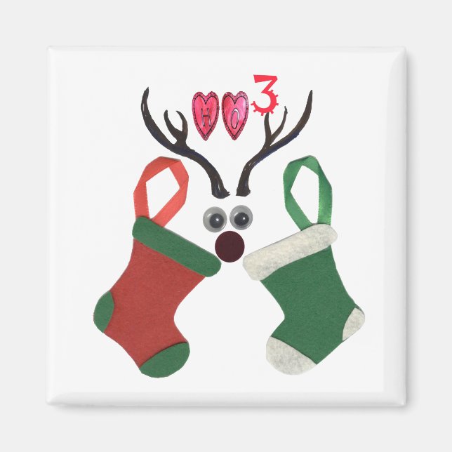 Ho Ho Ho Reindeer Stockings: Fun Christmas T-Shirt Magnet (Front)