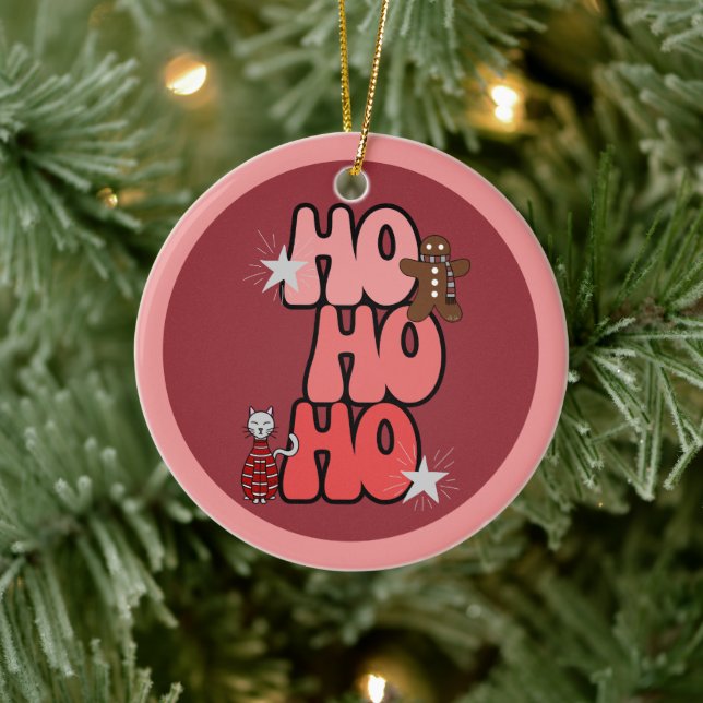 HO HO HO Retro Christmas  Ceramic Ornament (Tree)