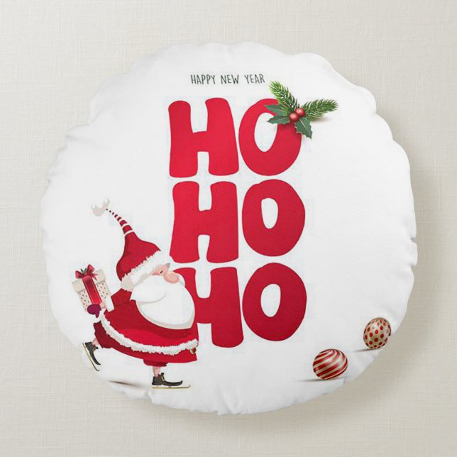 Ho Ho Ho Round Christmas Throw Pillow (Front)