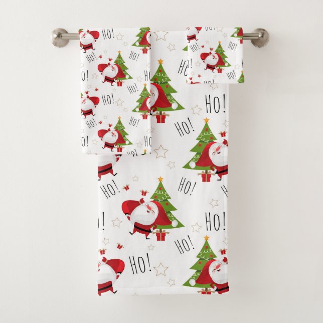 Ho Ho Ho, Santa and Christmas Trees Bath Towel Set (Insitu)