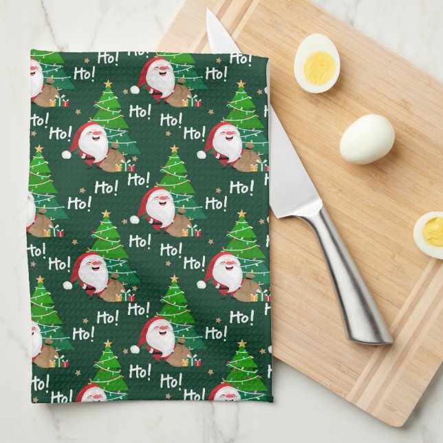 Ho Ho Ho Santa and Christmas Trees  Kitchen Towel (Quarter Fold)