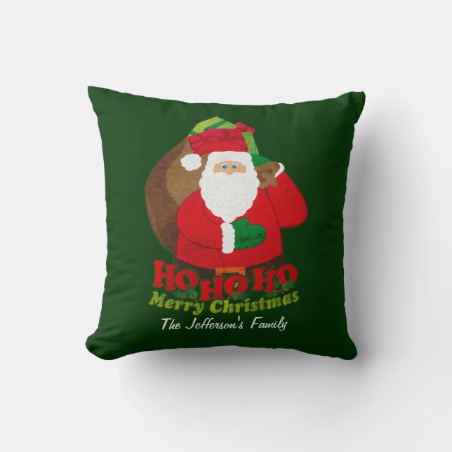 Ho ho ho Santa Christmas green throw pillow (Front)