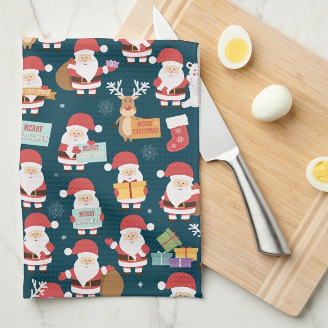 Ho Ho Ho Santa Claus & Friends Christmas Pattern Kitchen Towel (Quarter Fold)