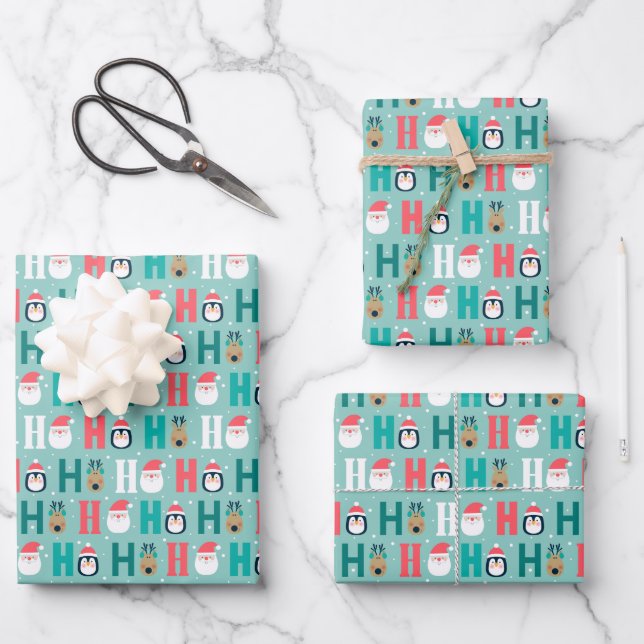 Ho Ho Ho Santa Claus & Friends Pattern Wrapping Paper Sheets (Front)