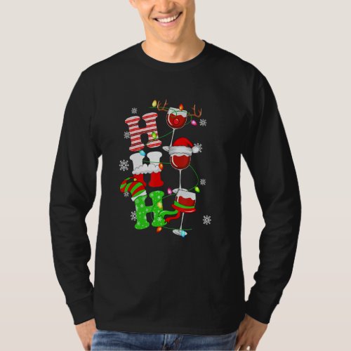 Ho Ho Ho Santa Claus Hat Reindeer Wine Glass Pajam T_Shirt