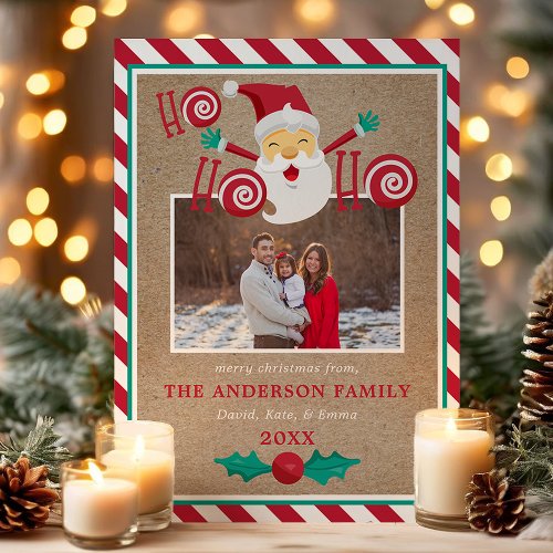 Ho Ho Ho Santa Claus Peppermint Christmas Photo Holiday Card