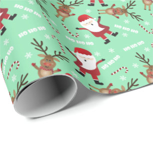 Ho Ho Ho Santa Claus Reindeer Candy Canes Pattern Wrapping Paper