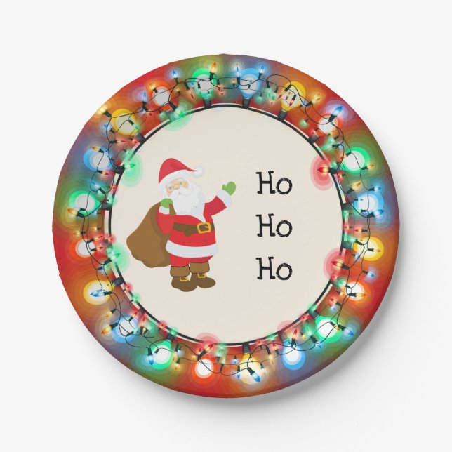 Ho Ho  Ho Santa Claus with Christmas Lights Paper Plates (Front)