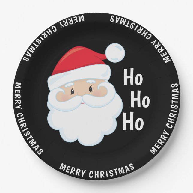 Ho Ho Ho Santa Face Merry Christmas Holidays Red Paper Plates (Front)