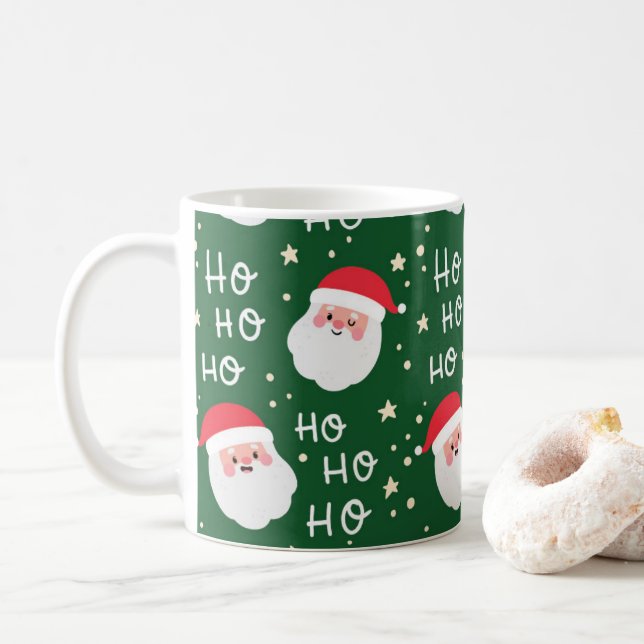 HO HO HO Santa Green Pattern Coffee Mug (With Donut)