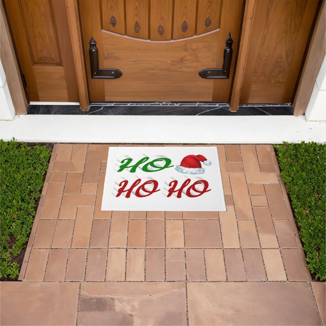 Ho Ho Ho Santa Hat Christmas red green script Doormat (Outdoor)