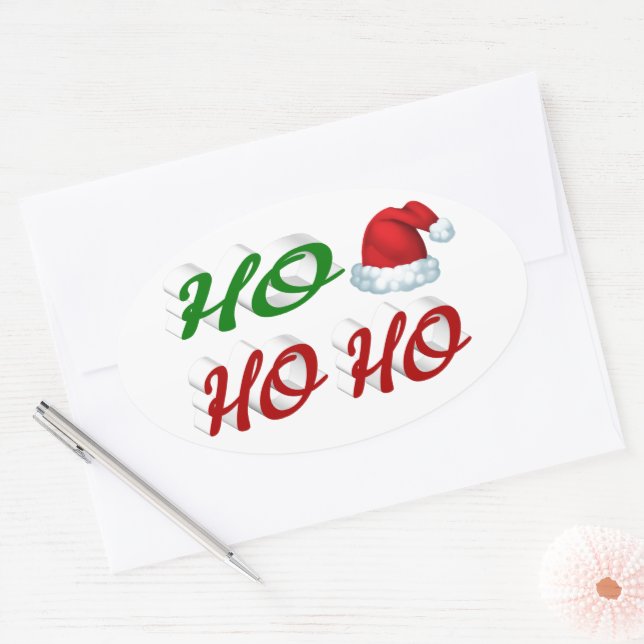 Ho Ho Ho Santa Hat Christmas red green script Oval Sticker (Envelope)