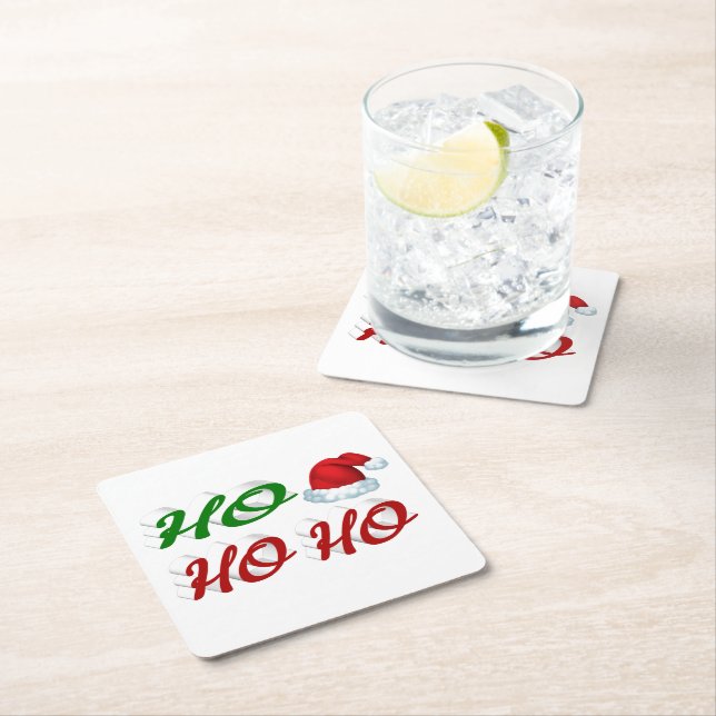 Ho Ho Ho Santa Hat Christmas red green script  Square Paper Coaster (Insitu)