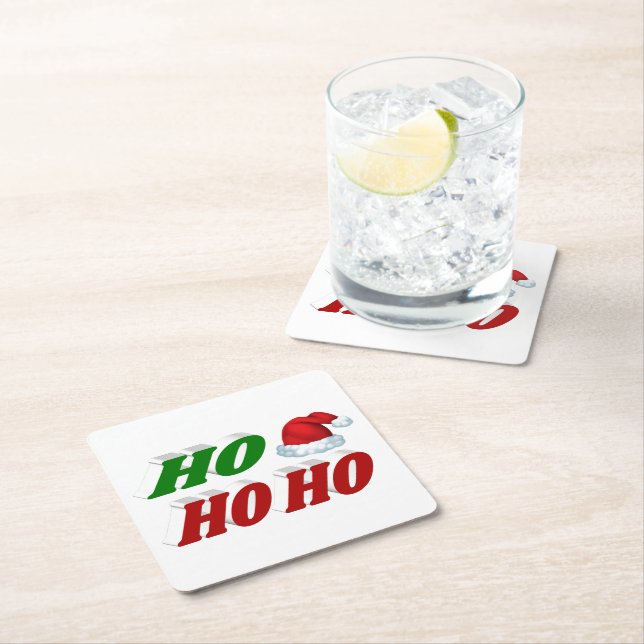 Ho Ho Ho Santa Hat Christmas red green typography  Square Paper Coaster (Insitu)