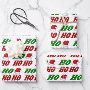 Ho Ho Ho Santa Hat Christmas red green typography Wrapping Paper Sheets
