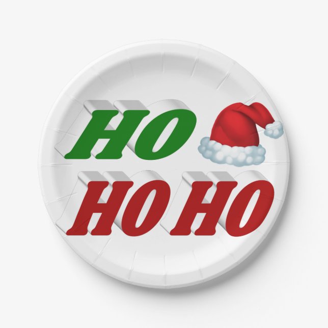 Ho Ho Ho Santa Hat typography Christmas Paper Plates (Front)