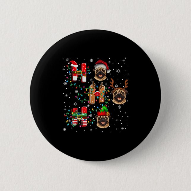 Ho Ho Ho Santa Reindeer Hat Elf Matching Pug Xmas  Button (Front)
