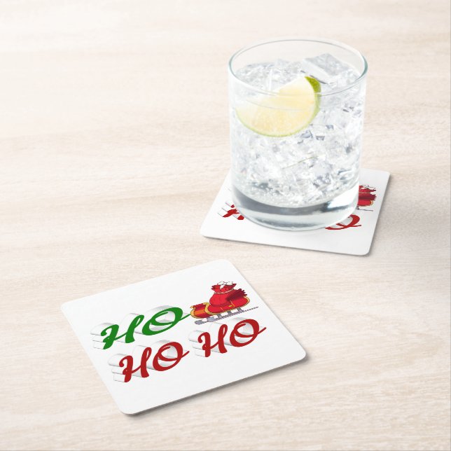 Ho Ho Ho Santa Sleigh Christmas red green script  Square Paper Coaster (Insitu)